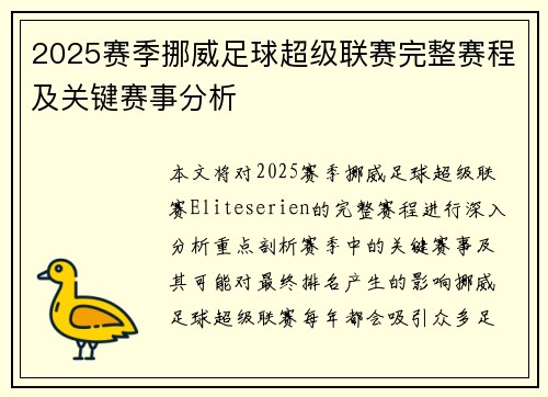 2025赛季挪威足球超级联赛完整赛程及关键赛事分析