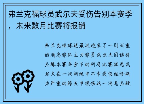弗兰克福球员武尔夫受伤告别本赛季，未来数月比赛将报销